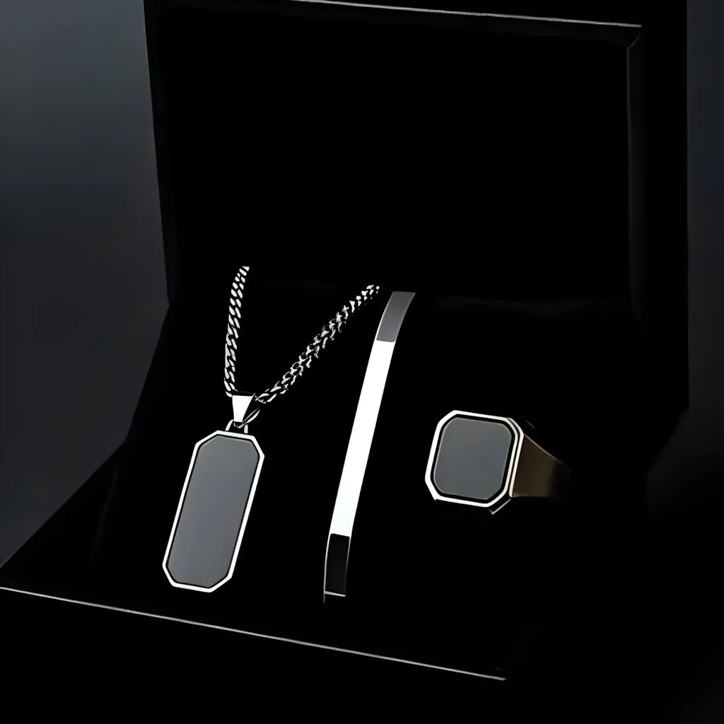 Black Onyx Men's Luxury Jewelry Set- Necklace, Bracelet & Ring